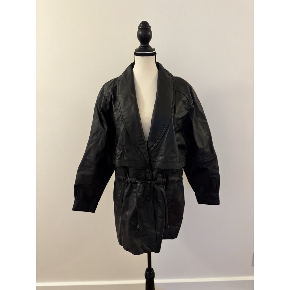 Vintage Wilsons Leather Jacket Women's Medium Mid Length Trench Coat Black